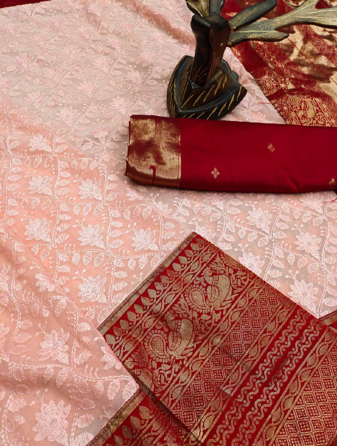 Chikankari Lucknowi Jacquard Border And Pallu