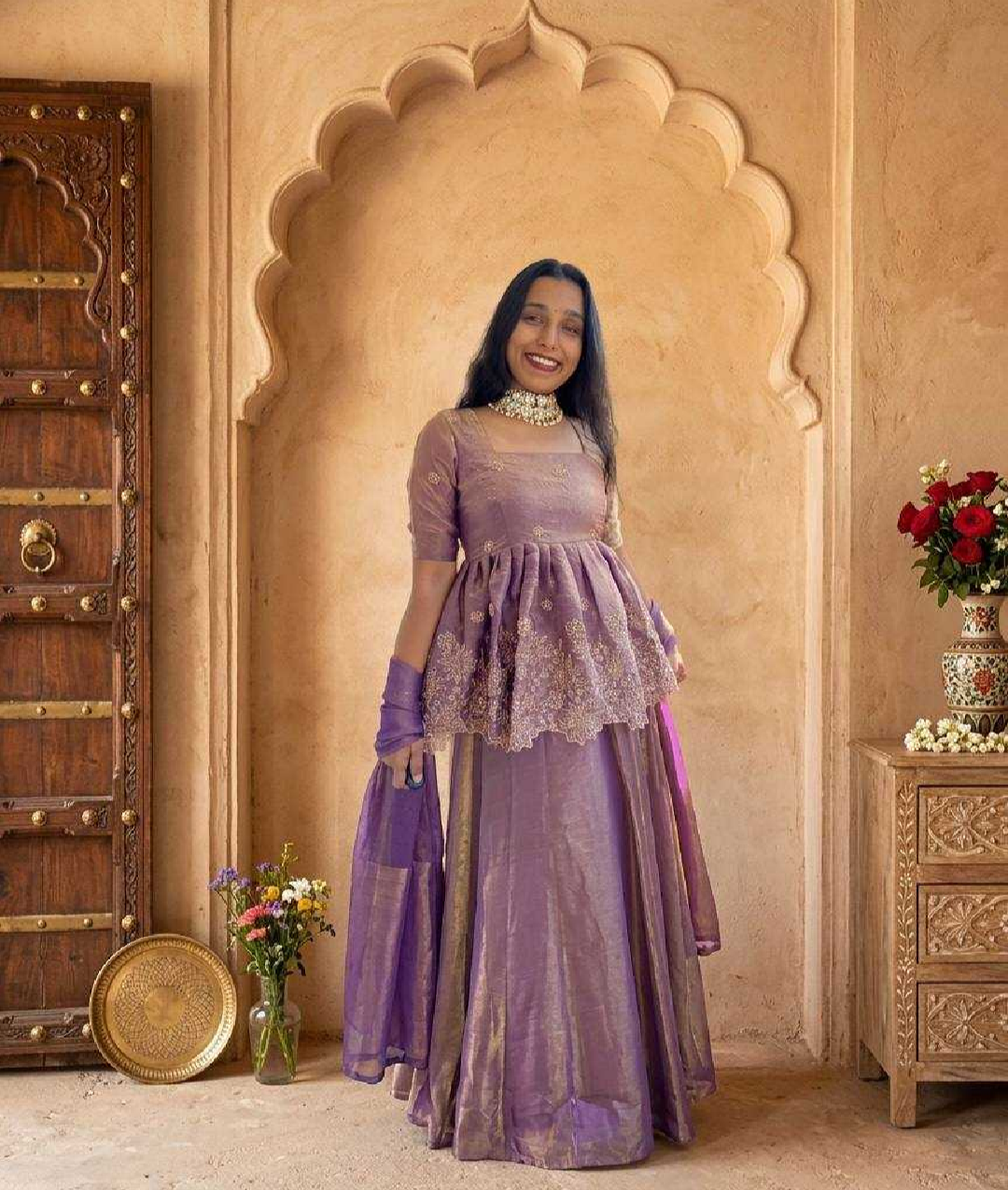 Mauve & Gold Silk Peplum Lehenga Set with Zari Embroidery