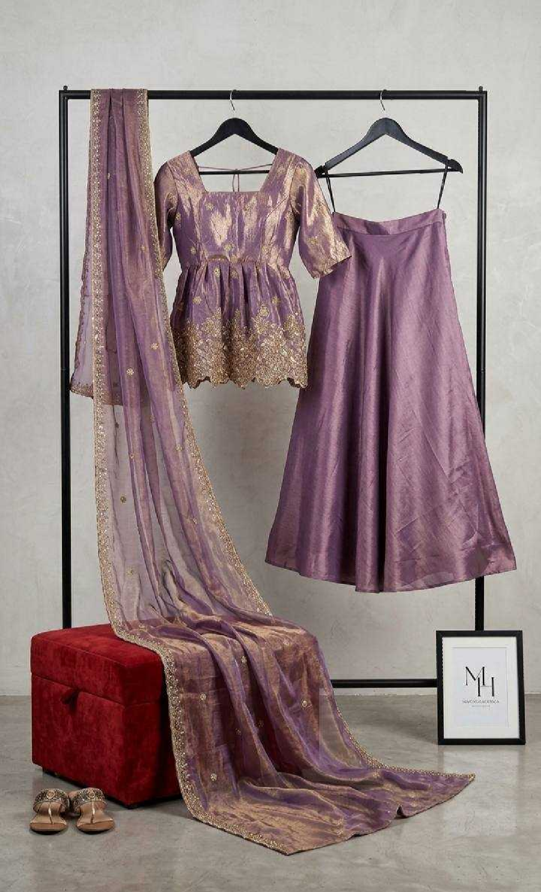 Mauve & Gold Silk Peplum Lehenga Set with Zari Embroidery