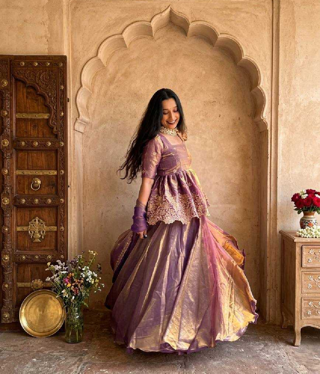 Mauve & Gold Silk Peplum Lehenga Set with Zari Embroidery