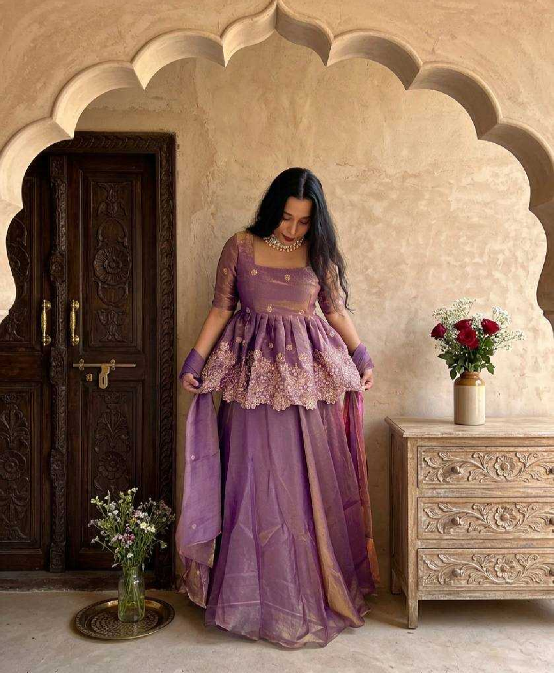 Mauve & Gold Silk Peplum Lehenga Set with Zari Embroidery